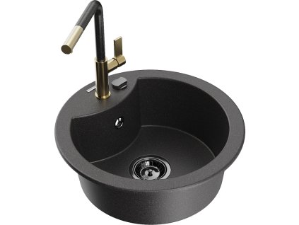 Granitový drez Mexen Diego s 1 misou a kuchynskou batériou Flora, čierna škvrnitá - 6512-76-670401-75-B