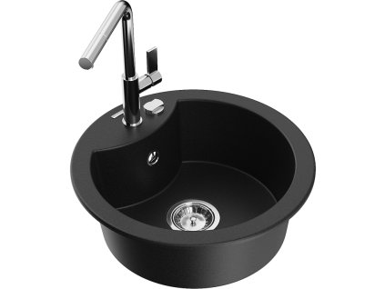 Granitový drez Mexen Diego s 1 misou a kuchynskou batériou Flora, čierny - 6512-77-670401-00