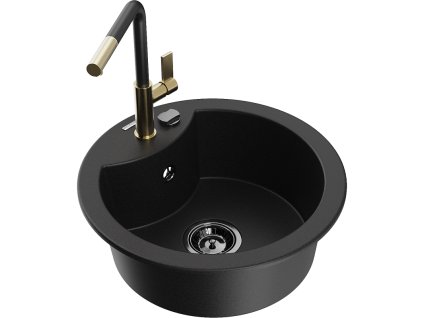 Granitový drez Mexen Diego s 1 misou a kuchynskou batériou Flora, čierny - 6512-77-670401-57-B