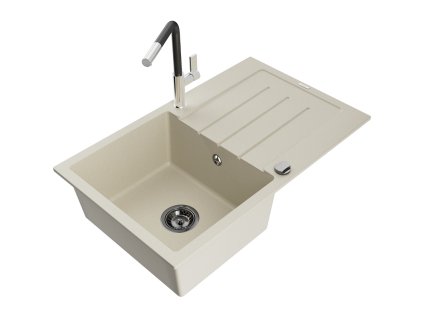 Granitový drez Mexen Bruno s 1 misou, odkapávačom a batériou Flora, béžový - 6513-69-670401-07-B