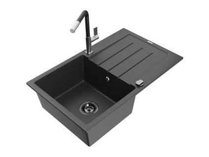 Granitový drez Mexen Bruno s 1 misou, odkapávačom a batériou Flora, čierna škvrna - 6513-76-670401-07-B