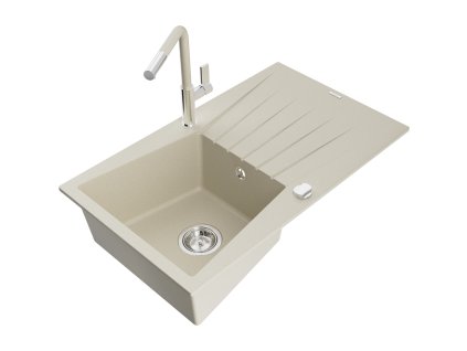 Granitový drez Mexen Cesar s 1 misou, odkapávačom a kuchynskou batériou Flora, béžový - 6514-69-670401-09