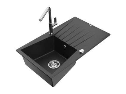 Granitový drez Mexen Cesar s 1 misou, odkapávačom a batériou Flora, čierna/strieborná metalíza - 6514-73-670401-00