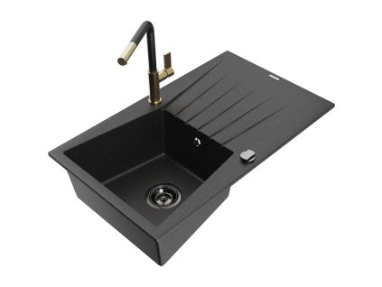 Granitový drez Mexen Cesar s 1 misou, odkapávačom a batériou Flora, čierna/strieborná metalíza - 6514-73-670401-57-B