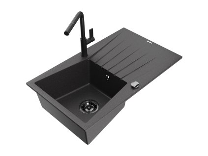 Granitový drez Mexen Cesar s 1 misou, odkapávačom a kuchynskou batériou Flora, čierna škvrnitá - 6514-76-670401-70-B