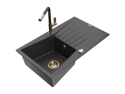 Granitový drez Mexen Cesar s 1 misou, odkapávačom a kuchynskou batériou Flora, čierna škvrnitá - 6514-76-670401-75-G