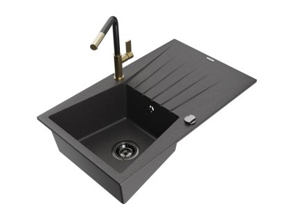 Granitový drez Mexen Cesar s 1 misou, odkapávačom a kuchynskou batériou Flora, čierna škvrnitá - 6514-76-670401-75-B