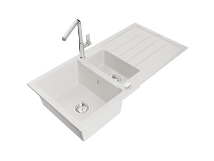 Granitový drez Mexen Andres s 1,5 misky, odkapávačom a kuchynskou batériou Flora, biely - 6515-20-670401-00