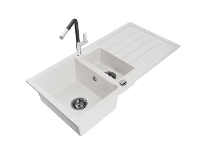 Granitový drez Mexen Andres s 1,5 misky, odkapávačom a kuchynskou batériou Flora, biely - 6515-20-670401-07-B