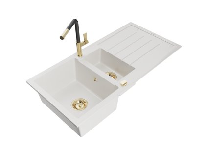 Granitový drez Mexen Andres s 1,5 misky, odkapávačom a kuchynskou batériou Flora, biely - 6515-20-670401-57-G