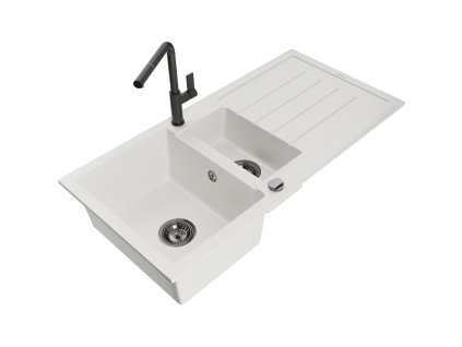 Granitový drez Mexen Andres s 1,5 misky, odkapávačom a kuchynskou batériou Flora, biely - 6515-20-670401-70-B