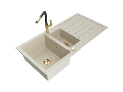 Granitový drez Mexen Andres s 1,5 miskou, odkapávačom a kuchynskou batériou Flora, béžový - 6515-69-670401-57-G