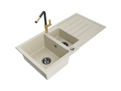 Granitový drez Mexen Andres s 1,5 miskou, odkapávačom a kuchynskou batériou Flora, béžový - 6515-69-670401-57-B