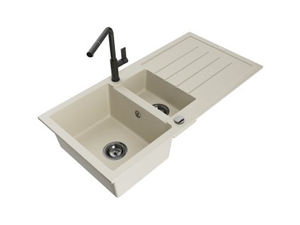 Granitový drez Mexen Andres s 1,5 miskou, odkapávačom a kuchynskou batériou Flora, béžový - 6515-69-670401-70-B