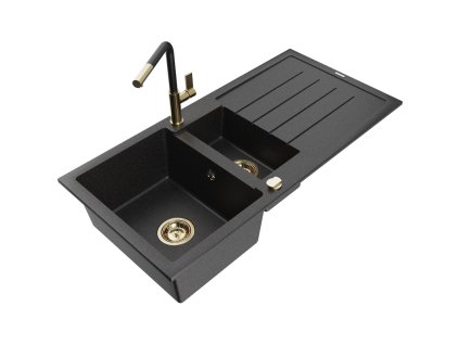Granitový drez Mexen Andres s 1,5 miskou, odkapávačom a kuchynskou batériou Flora, čierny/strieborný - 6515-73-670401-57-G