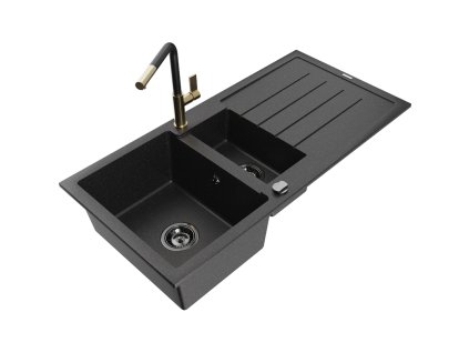 Granitový drez Mexen Andres s 1,5 miskou, odkapávačom a kuchynskou batériou Flora, čierna/strieborná - 6515-73-670401-57-B