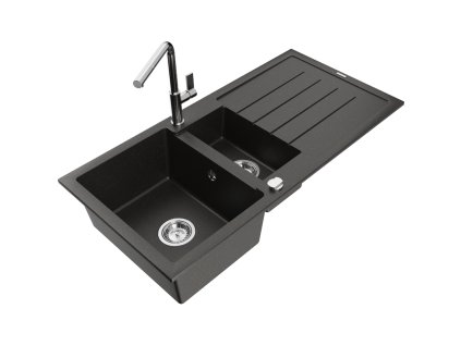 Granitový drez Mexen Andres s 1,5 misky, odkapávačom a kuchynskou batériou Flora, čierna/zlatá metalíza - 6515-75-670401-00