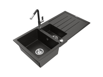 Granitový drez Mexen Andres s 1,5 misy, odkapávačom a kuchynskou batériou Flora, čierna/zlatá metalíza - 6515-75-670401-07