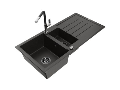 Granitový drez Mexen Andres s 1,5 misy, odkapávačom a kuchynskou batériou Flora, čierna/zlatá - 6515-75-670401-07-B