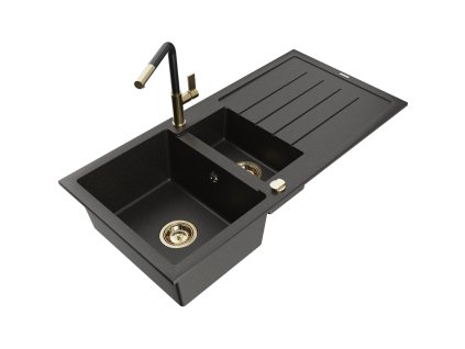 Granitový drez Mexen Andres s 1,5 misy, odkapávačom a kuchynskou batériou Flora, čierna/zlatá - 6515-75-670401-57-G
