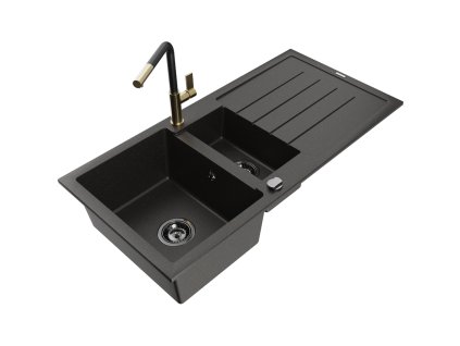 Granitový drez Mexen Andres s 1,5 misy, odkapávačom a kuchynskou batériou Flora, čierna/zlatá - 6515-75-670401-57-B