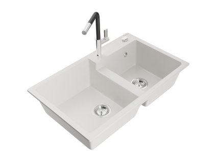 Mexen Tomas 2-komorový granitový drez s kuchynskou batériou Flora, biely - 6516-20-670401-07