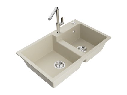 Mexen Tomas 2-komorový granitový drez s kuchynskou batériou Flora, béžová - 6516-69-670401-00