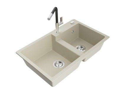 Granitový drez Mexen Tomas s 2 miskami a kuchynskou batériou Flora, béžový - 6516-69-670401-07
