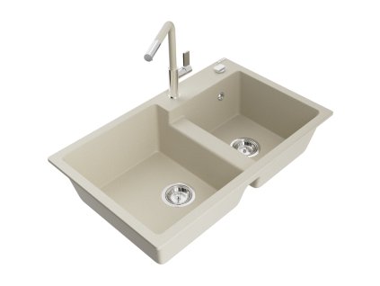 Granitový drez Mexen Tomas s 2 miskami a kuchynskou batériou Flora, béžový - 6516-69-670401-09