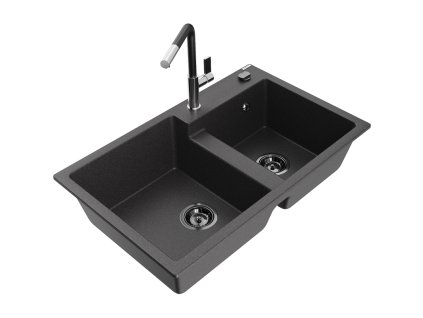 Mexen Tomas 2-komorový granitový drez s kuchynskou batériou Flora, čierna škvrnitá - 6516-76-670401-07-B