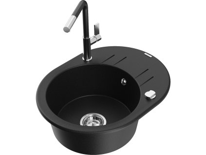 Granitový drez Mexen Kevin s 1 misou, odkapávačom a kuchynskou batériou Flora, čierny - 6517-77-670401-07