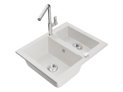 Granitový drez Mexen Carlos s 1,5 miskou a kuchynskou batériou Flora, biely - 6518-20-670401-00