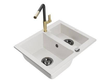 Granitový drez Mexen Carlos s 1,5 miskou a kuchynskou batériou Flora, biely - 6518-20-670401-57-B