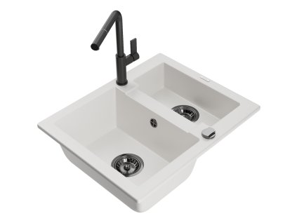 Granitový drez Mexen Carlos s 1,5 miskou a kuchynskou batériou Flora, biely - 6518-20-670401-70-B