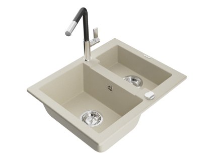 Granitový drez Mexen Carlos s 1,5 miskou a kuchynskou batériou Flora, béžový - 6518-69-670401-07