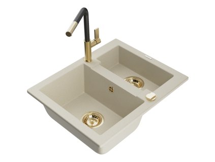 Granitový drez Mexen Carlos s 1,5 miskou a kuchynskou batériou Flora, béžový - 6518-69-670401-57-G