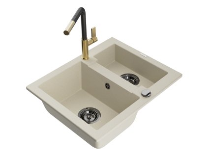 Granitový drez Mexen Carlos s 1,5 miskou a kuchynskou batériou Flora, béžový - 6518-69-670401-57-B