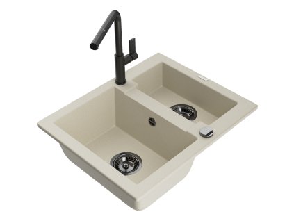Granitový drez Mexen Carlos s 1,5 miskou a kuchynskou batériou Flora, béžový - 6518-69-670401-70-B