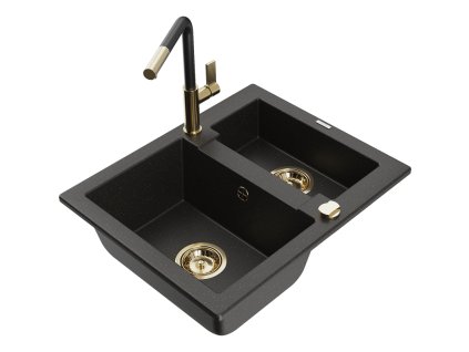 Granitový drez Mexen Carlos s 1,5 miskou a kuchynskou batériou Flora, čierna/zlatá metalíza - 6518-75-670401-57-G