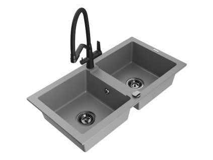 Granitový drez Mexen Mario s 2 misami a kuchynskou batériou Duo, sivý - 6504-71-671701-70-B