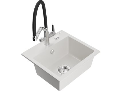 Granitový drez Mexen Milo s 1 misou a kuchynskou batériou Duo, biely - 6505-20-671701-07