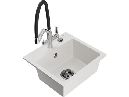 Granitový drez Mexen Milo s 1 misou a kuchynskou batériou Duo, biely - 6505-20-671701-07-B