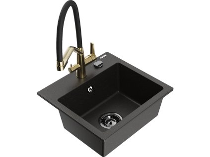 Granitový drez Mexen Milo s 1 misou a kuchynskou batériou Duo, čierna/zlatá metalíza - 6505-75-671701-57-B