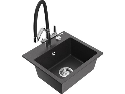Granitový drez Mexen Milo s 1 misou a kuchynskou batériou Duo, čierna škvrnitá - 6505-76-671701-07