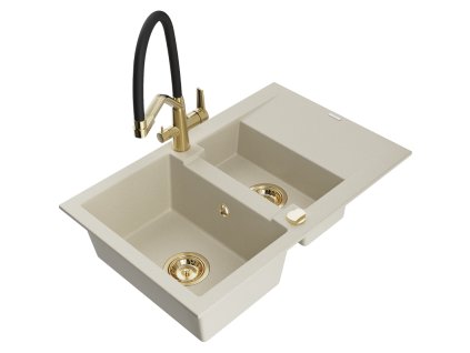 Granitový drez Mexen Gaspar s 1,5 misky, odkapávačom a kuchynskou batériou Duo, béžový - 6507-69-671701-57-G