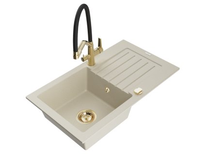 Granitový drez Mexen Pablo s 1 misou, odkapávačom a kuchynskou batériou Duo, béžový - 6510-69-671701-57-G