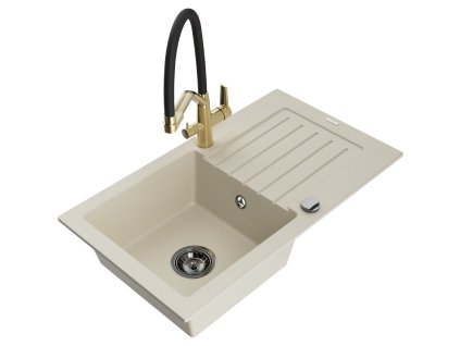 Granitový drez Mexen Pablo s 1 misou, odkapávačom a kuchynskou batériou Duo, béžový - 6510-69-671701-57-B