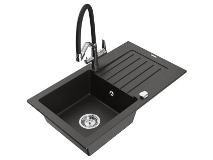 Granitový drez Mexen Pablo s 1 misou, odkapávačom a kuchynskou batériou Duo, čierna/zlatá metalíza - 6510-75-671701-07