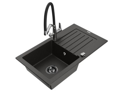 Granitový drez Mexen Pablo s 1 misou, odkapávačom a kuchynskou batériou Duo, čierna/zlatá metalíza - 6510-75-671701-07-B
