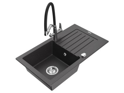 Granitový drez Mexen Pablo s 1 misou, odkapávačom a kuchynskou batériou Duo, čierny bodkovaný - 6510-76-671701-07